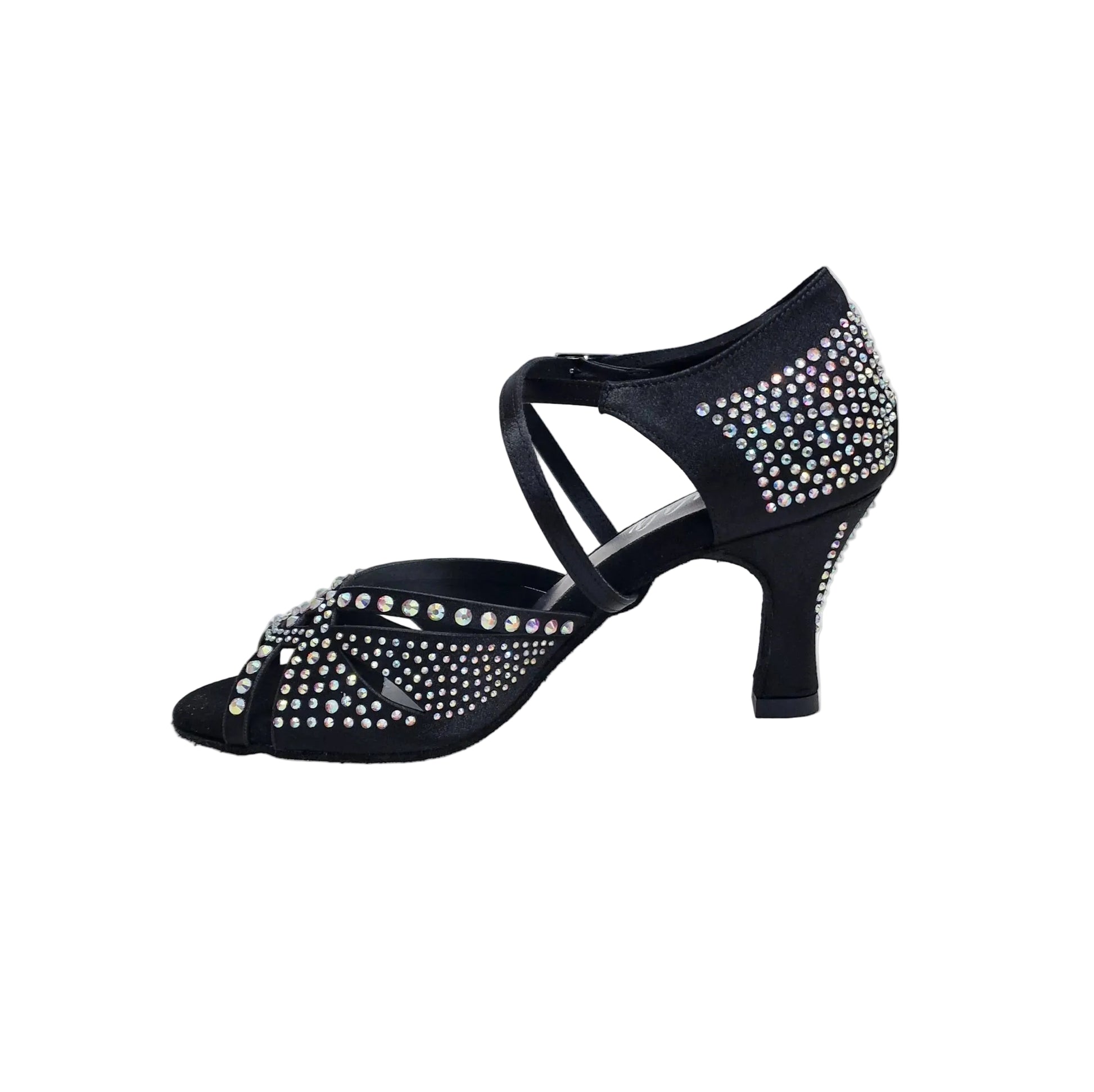 Scarpa da ballo in raso di seta nero SAMIRA (L19) con Swarovski Boreali e tacco basso a rocchetto, Wish Dance Shop
