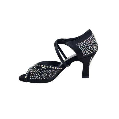 Scarpa da ballo in raso di seta nero SAMIRA (L19) con Swarovski Boreali e tacco basso a rocchetto, Wish Dance Shop