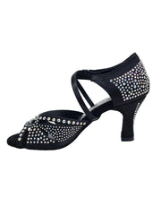 Carica immagine nella Galleria, SAMIRA (L19) - Scarpa da Ballo in Raso Seta Nero Con Swarovski Boreali e Tacco Basso a Rocchetto