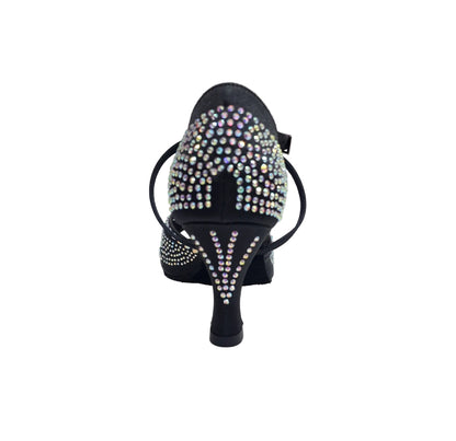 Scarpa da ballo SAMIRA (L19) in raso seta nero con Swarovski Boreali e tacco basso a rocchetto, Wish Dance Shop.