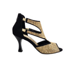Carica immagine nella Galleria, Nina Gold Light (2308 L) - Sandalo da Donna in Camoscio Nero con Miniborchiette Oro Platino elastici Oro e Tacco a Rocchetto Alluminio Smaltato Nero
