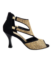 Carica immagine nella Galleria, Nina Gold Light (2308 L) - Sandalo da Donna in Camoscio Nero con Miniborchiette Oro Platino elastici Oro e Tacco a Rocchetto Alluminio Smaltato Nero