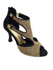 Carica immagine nella Galleria, Nina Gold Light (2308 L) - Sandalo da Donna in Camoscio Nero con Miniborchiette Oro Platino elastici Oro e Tacco a Rocchetto Alluminio Smaltato Nero