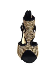 Carica immagine nella Galleria, Nina Gold Light (2308 L) - Sandalo da Donna in Camoscio Nero con Miniborchiette Oro Platino elastici Oro e Tacco a Rocchetto Alluminio Smaltato Nero