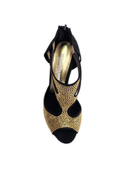 Carica immagine nella Galleria, Nina Gold Light (2308 L) - Sandalo da Donna in Camoscio Nero con Miniborchiette Oro Platino elastici Oro e Tacco a Rocchetto Alluminio Smaltato Nero