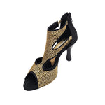 Carica immagine nella Galleria, Nina Gold Light (2308 L) - Sandalo da Donna in Camoscio Nero con Miniborchiette Oro Platino elastici Oro e Tacco a Rocchetto Alluminio Smaltato Nero
