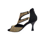 Carica immagine nella Galleria, Nina Gold Light (2308 L) - Sandalo da Donna in Camoscio Nero con Miniborchiette Oro Platino elastici Oro e Tacco a Rocchetto Alluminio Smaltato Nero

