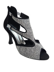 Carica immagine nella Galleria, Nina Silver (2308 L) - Sandalo da Donna in Camoscio Nero con Miniborchiette Argento elastici Argento e Tacco a Rocchetto Alluminio Smaltato Nero
