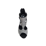 Carica immagine nella Galleria, Nina Silver (2308 L) - Sandalo da Donna in Camoscio Nero con Miniborchiette Argento elastici Argento e Tacco a Rocchetto Alluminio Smaltato Nero
