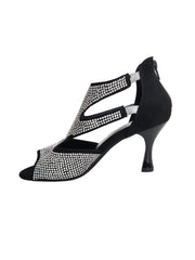 Carica immagine nella Galleria, Nina Silver (2308 L) - Sandalo da Donna in Camoscio Nero con Miniborchiette Argento elastici Argento e Tacco a Rocchetto Alluminio Smaltato Nero