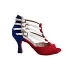 Carica immagine nella Galleria, Scarpa da donna Lussuria 779 Cuba in camoscio rosso e blu con stella bandiera cubana e tacco a rocchetto, marca Wish Dance Shop
