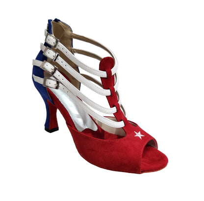 Scarpa donna Lussuria 779 Cuba in camoscio rosso e blu con stella bandiera cubana e tacco a rocchetto, pelle bianca elegante