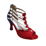 Carica immagine nella Galleria, Scarpa donna Lussuria 779 Cuba in camoscio rosso e blu con stella bandiera cubana e tacco a rocchetto, pelle bianca elegante
