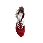 Carica immagine nella Galleria, Scarpa donna Lussuria 779 Cuba in camoscio rosso e blu, pelle bianca, con stella bandiera cubana e tacco a rocchetto.
