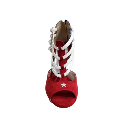Scarpa da donna Lussuria 779 Cuba in camoscio rosso e blu con stella bandiera cubana e tacco a rocchetto, Wish Dance Shop