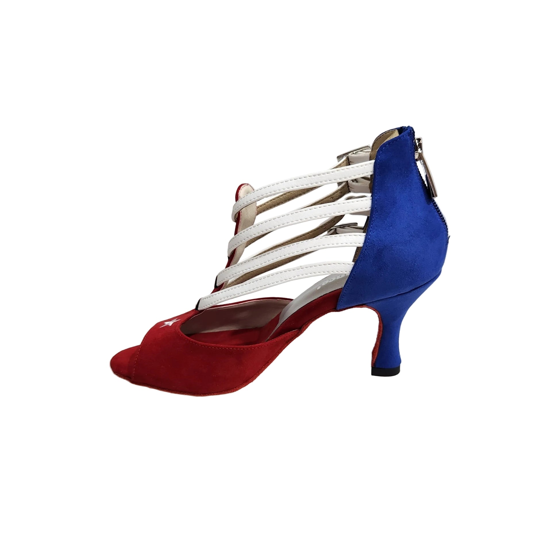 Scarpa da donna Lussuria 779 Cuba in camoscio rosso e blu con tacco a rocchetto, dettagli pelle bianca e stella bandiera cubana