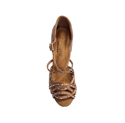 Onda QC Dreams Maxplus CE (BI-Flex) - Scarpa Da Donna in Raso Bronzo con Strass Boreali Cinturino incrociato su collopiede e Fondo Extraflex Competition Tacco a Rocchetto