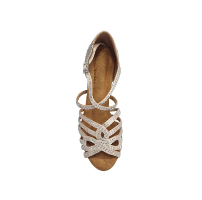NORA Dreams Gold (L2576S) - Scarpa da Ballo da Donna in Raso Oro Flash cinturino incrociato al Collopiede con Strass Boreali Tacco a Rocchetto Basso
