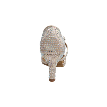 NORA Dreams Gold (L2576S) - Scarpa da Ballo da Donna in Raso Oro Flash cinturino incrociato al Collopiede con Strass Boreali Tacco a Rocchetto Basso
