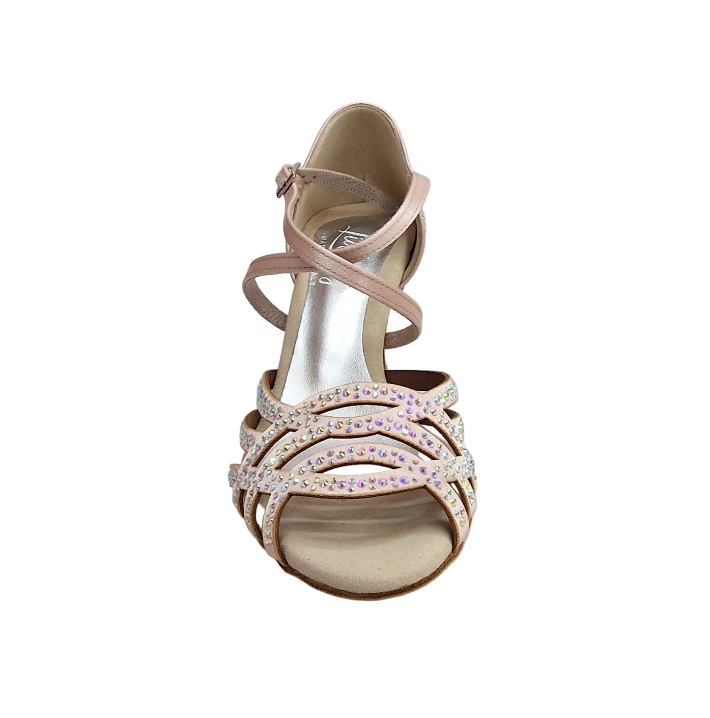 CAROLIN QC (Marea L14) - Scarpa Da Donna in Raso Seta Cipria Rosé Con Swarovski Boreali e Tacco a Rocchetto Slim/Latino Basso