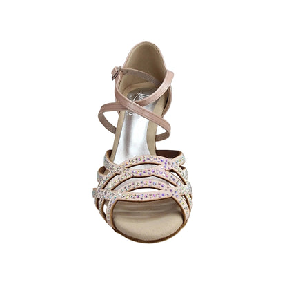 CAROLIN QC (Marea L14) - Scarpa Da Donna in Raso Seta Cipria Rosé Con Swarovski Boreali e Tacco a Rocchetto Slim/Latino Basso