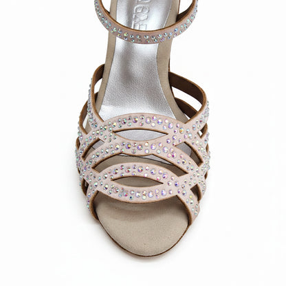 CAROLIN QC (Marea L14) - Scarpa Da Donna in Raso Seta Cipria Rosé Con Swarovski Boreali e Tacco a Rocchetto Slim/Latino Basso