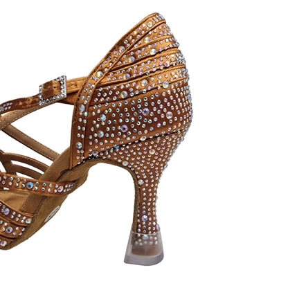 Onda QC Dreams Maxplus CE (BI-Flex) - Zapatilla de satén bronce para mujer con pedrería boreal, correa cruzada sobre el empeine y suela Extraflex Competition, tacón de carrete