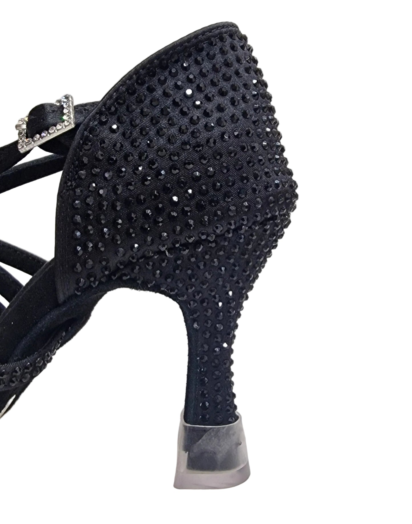 NORA Dreams Total Black (L2576S) - Zapatilla de baile para mujer de satén negro, tira cruzada al tobillo con diamantes de imitación negros, tacón carrete