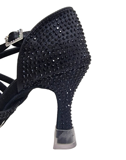 NORA Dreams Total Black (L2576S) - Zapatilla de baile para mujer de satén negro, tira cruzada al tobillo con diamantes de imitación negros, tacón carrete