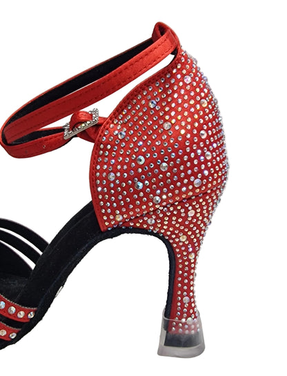 LULY Dreams Red ( L3/L640 ) - Women's Red Satin Dance Shoe with Rhinestone Boreali Criss-Cross Ankle Strap and Spool Heel