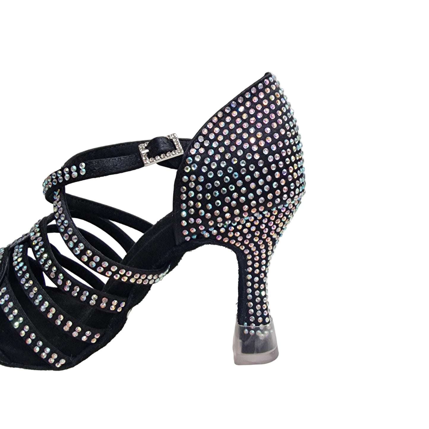 NORA Dreams Black (L2576S) - Women's Black Satin Dance Shoe with Crossed Ankle Strap and AB Rhinestones Spool Heel