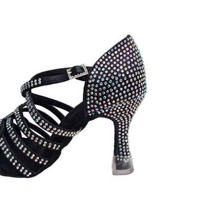 NORA Dreams Black (L2576S) - Women's Black Satin Dance Shoe with Crossed Ankle Strap and AB Rhinestones Spool Heel