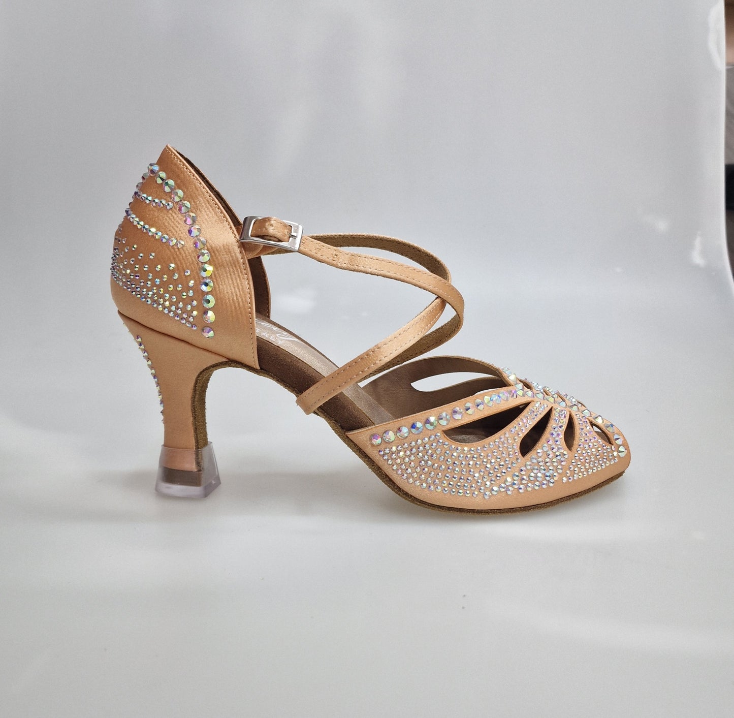 DADA DIAMOND QC (L55) - WOMEN'S BRONZE TAN SILK SATIN DANCE SHOE WITH BOREAL SWAROVSKI, ANKLE STRAP, AND SPOOL HEEL