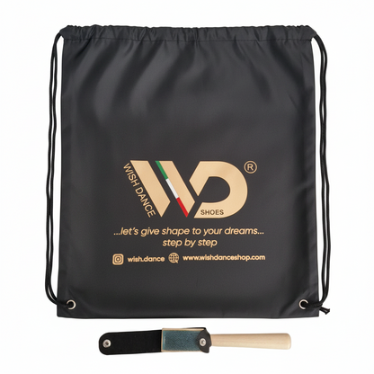 KIT BALLO (Accessori) Per Scarpe Da Ballo DONNA e UOMO - Sacchetto Zaino Porta Scarpe Tessuto Idrorepellente con stampa indelebile glitterato Oro + Spazzola in Legno Con Denti in Acciaio Ravviva Bufalo