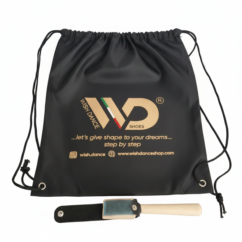 KIT BALLO (Accessori) Per Scarpe Da Ballo DONNA e UOMO - Sacchetto Zaino Porta Scarpe Tessuto Idrorepellente con stampa indelebile glitterato Oro + Spazzola in Legno Con Denti in Acciaio Ravviva Bufalo
