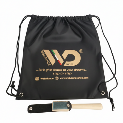 KIT BALLO (Accessori) Per Scarpe Da Ballo DONNA e UOMO - Sacchetto Zaino Porta Scarpe Tessuto Idrorepellente con stampa indelebile glitterato Oro + Spazzola in Legno Con Denti in Acciaio Ravviva Bufalo
