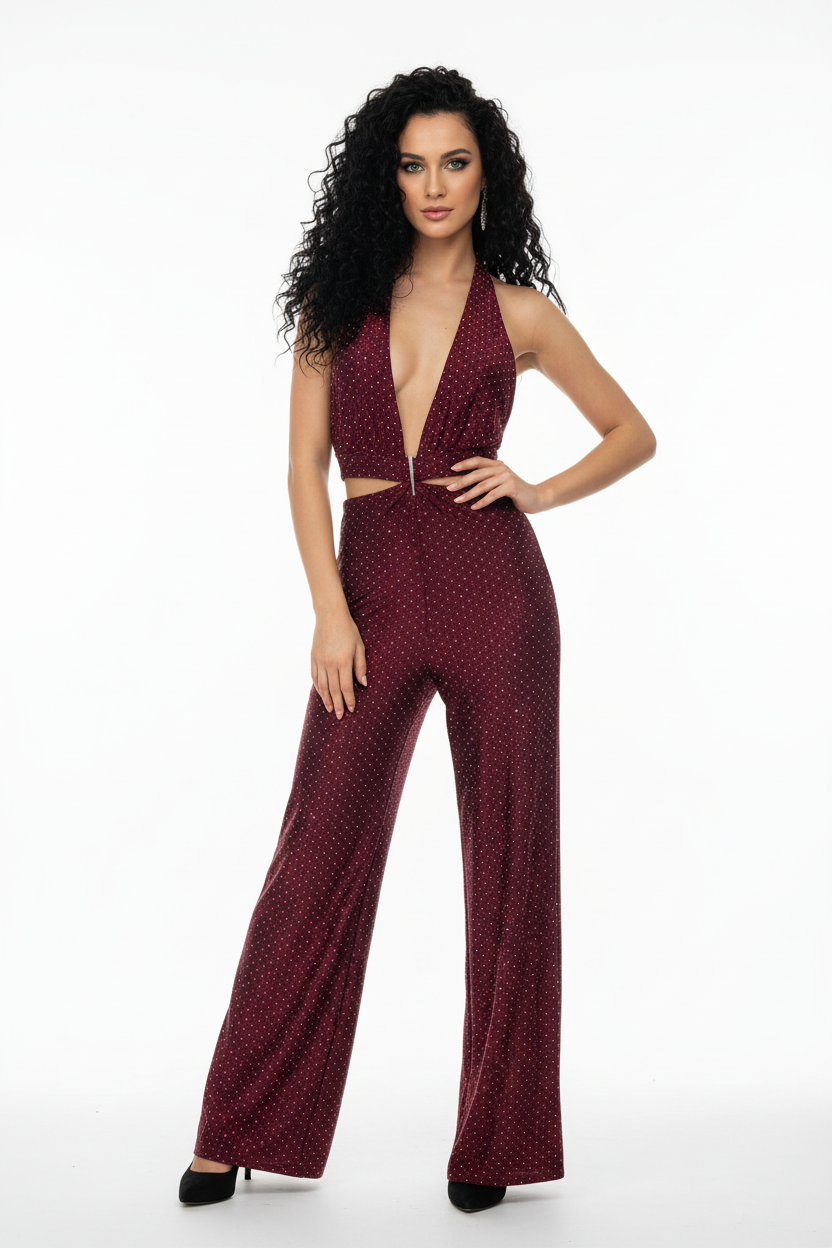 SIMONA JUMPSUIT - TUTA TESSUTO BIELASTICO CON APPILCAZIONE DI BORCHIETTE EFFETTO STRASS