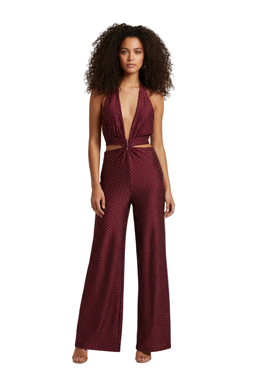 SIMONA JUMPSUIT - TUTA TESSUTO BIELASTICO CON APPILCAZIONE DI BORCHIETTE EFFETTO STRASS