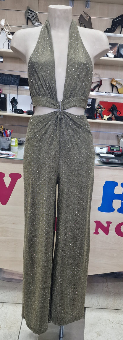 SIMONA JUMPSUIT - TUTA TESSUTO BIELASTICO CON APPILCAZIONE DI BORCHIETTE EFFETTO STRASS