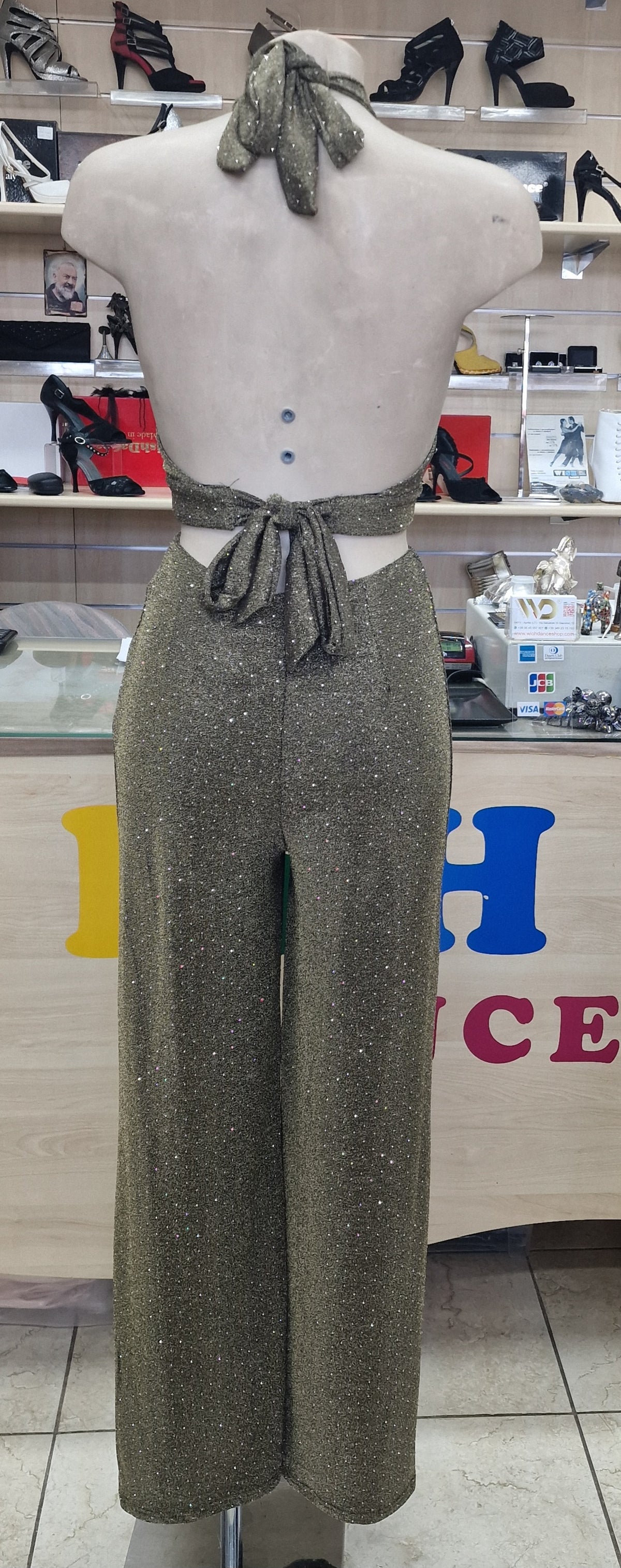 SIMONA JUMPSUIT - TUTA TESSUTO BIELASTICO CON APPILCAZIONE DI BORCHIETTE EFFETTO STRASS