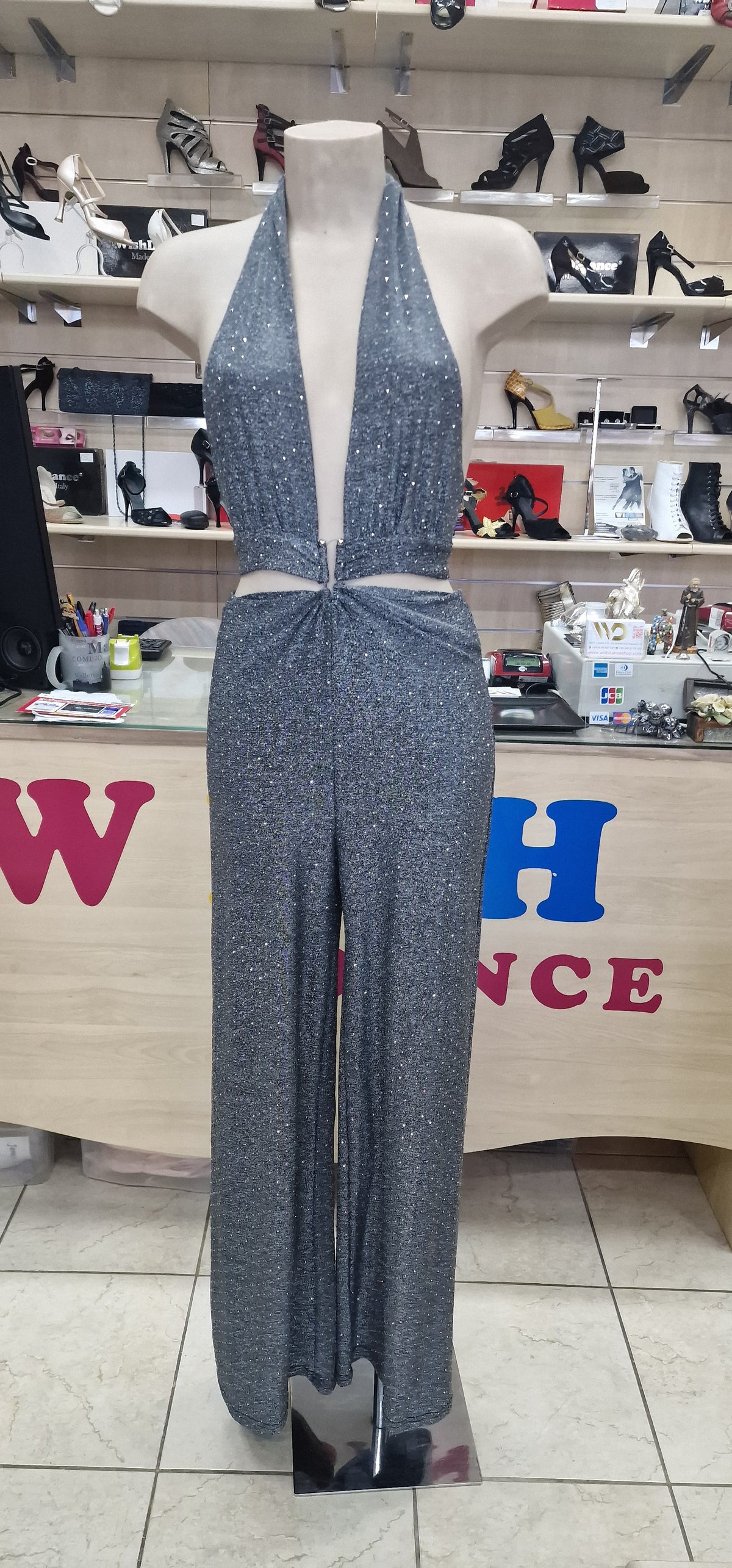 SIMONA JUMPSUIT - TUTA TESSUTO BIELASTICO CON APPILCAZIONE DI BORCHIETTE EFFETTO STRASS