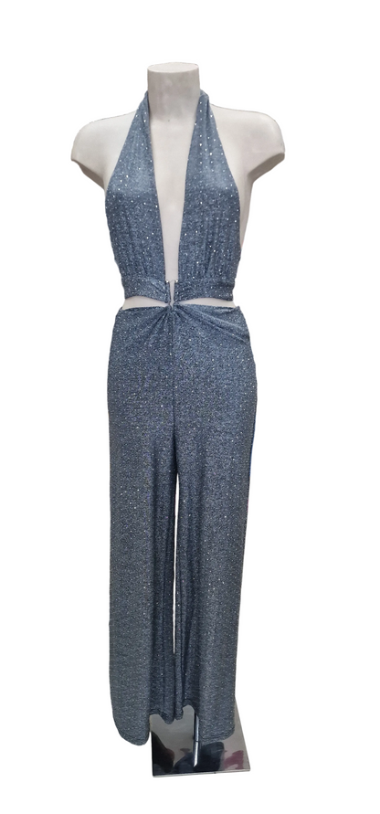 SIMONA JUMPSUIT - TUTA TESSUTO BIELASTICO CON APPILCAZIONE DI BORCHIETTE EFFETTO STRASS