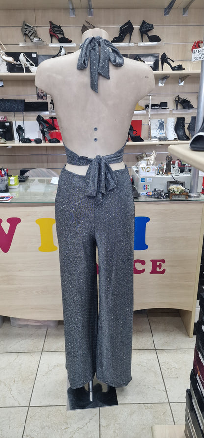 SIMONA JUMPSUIT - TUTA TESSUTO BIELASTICO CON APPILCAZIONE DI BORCHIETTE EFFETTO STRASS