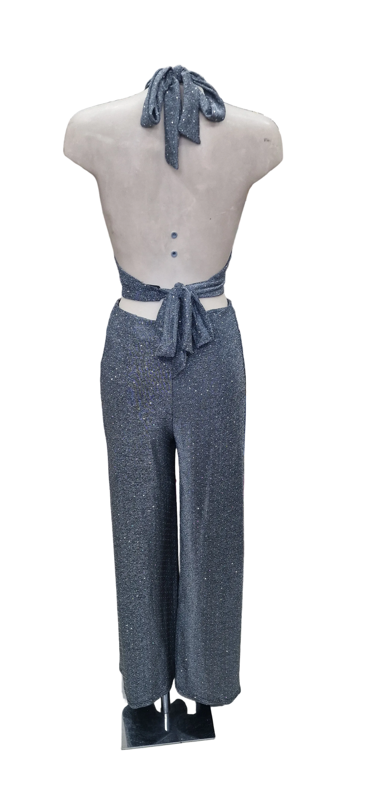 SIMONA JUMPSUIT - TUTA TESSUTO BIELASTICO CON APPILCAZIONE DI BORCHIETTE EFFETTO STRASS