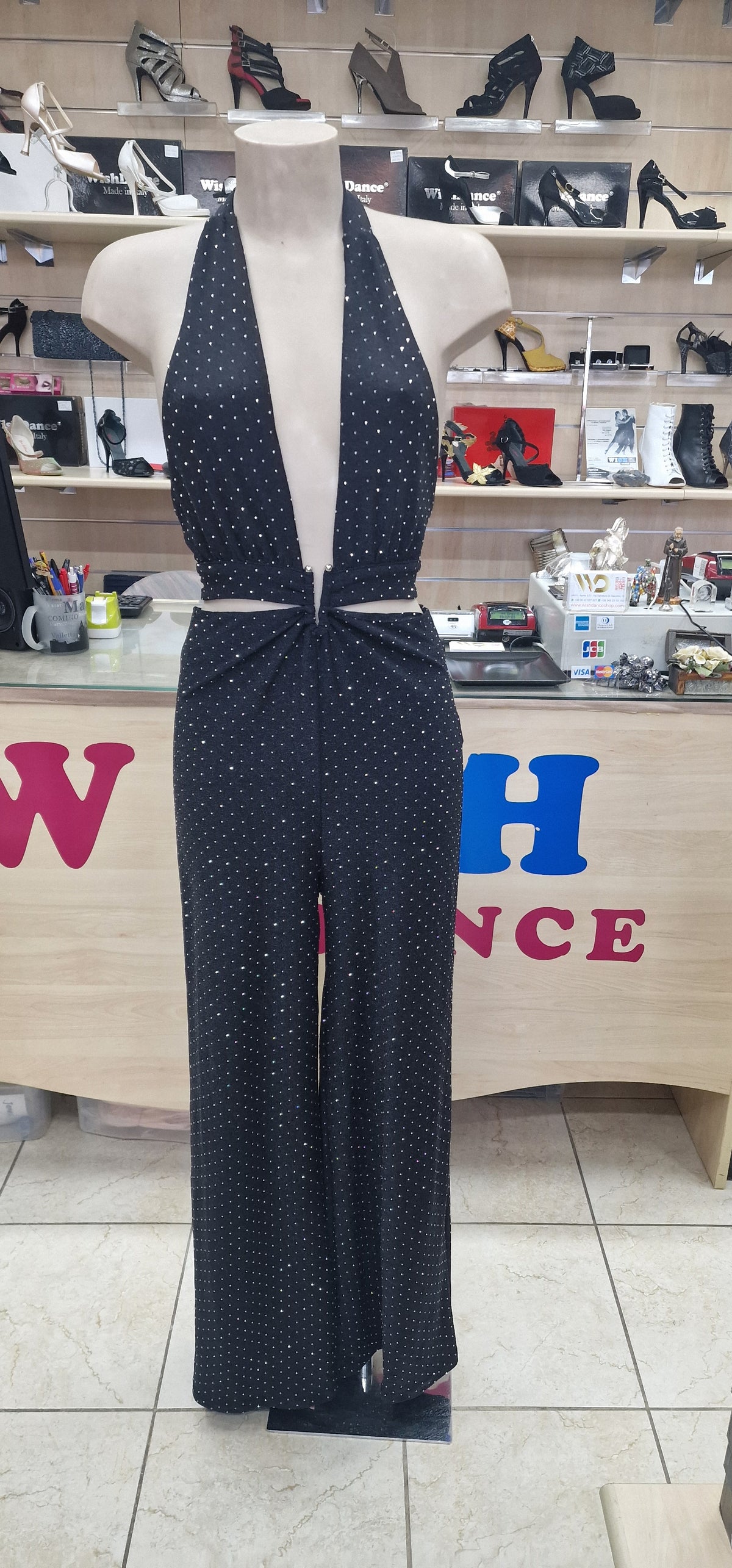 SIMONA JUMPSUIT - TUTA TESSUTO BIELASTICO CON APPILCAZIONE DI BORCHIETTE EFFETTO STRASS