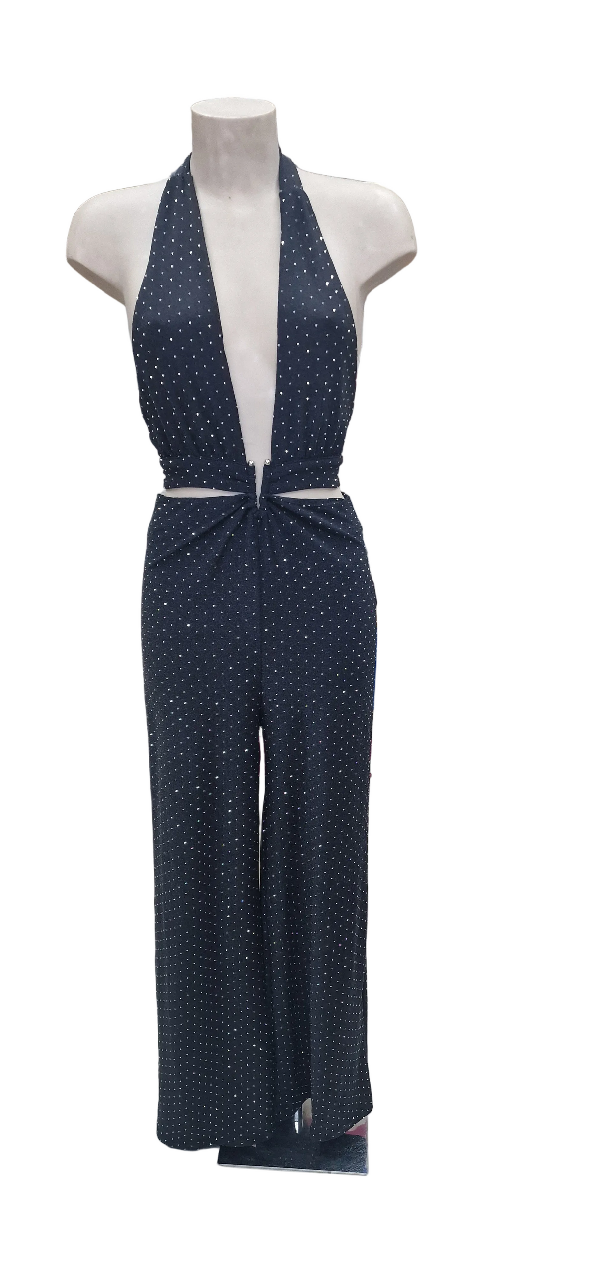 SIMONA JUMPSUIT - TUTA TESSUTO BIELASTICO CON APPILCAZIONE DI BORCHIETTE EFFETTO STRASS