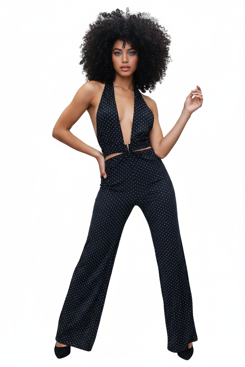 SIMONA JUMPSUIT - TUTA TESSUTO BIELASTICO CON APPILCAZIONE DI BORCHIETTE EFFETTO STRASS
