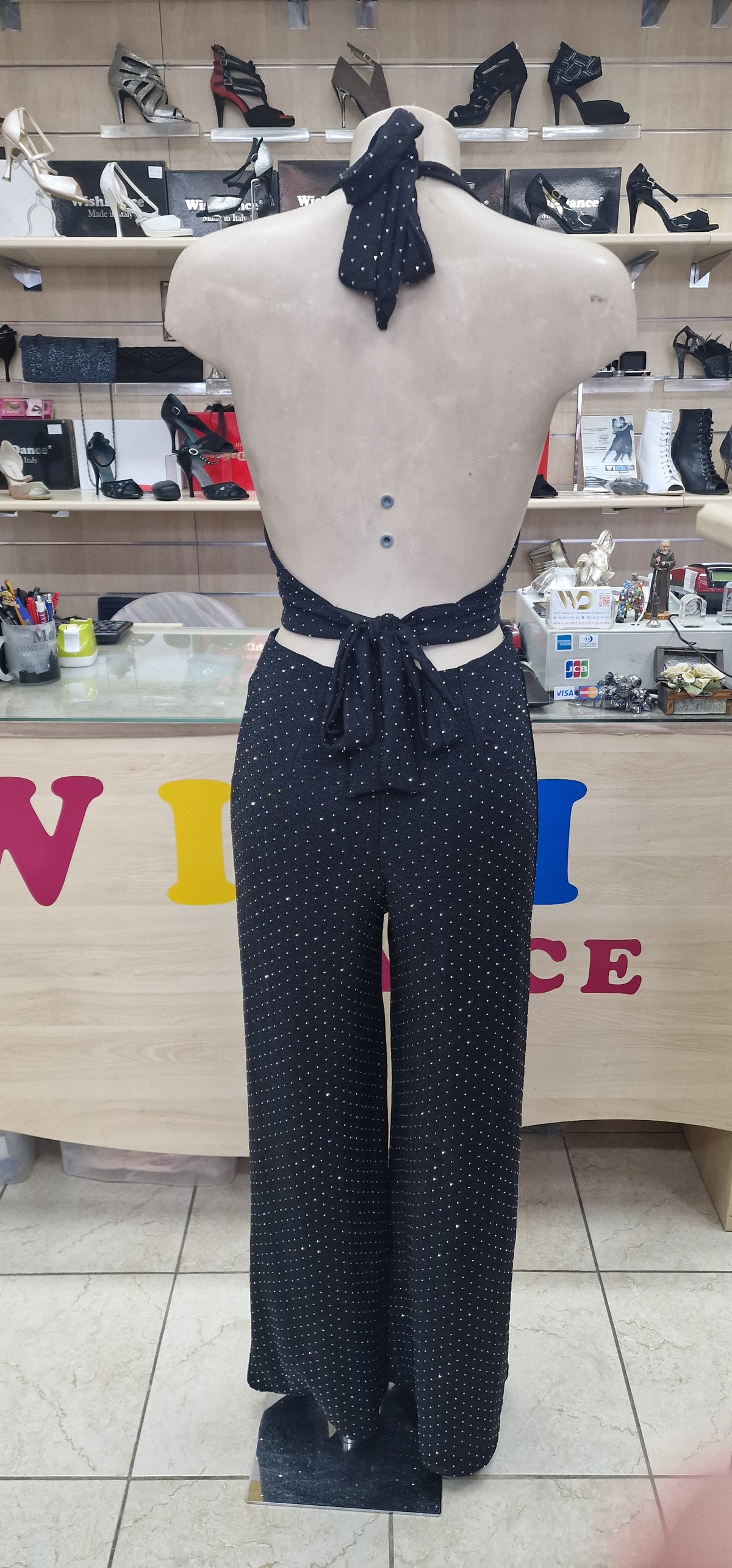 SIMONA JUMPSUIT - TUTA TESSUTO BIELASTICO CON APPILCAZIONE DI BORCHIETTE EFFETTO STRASS