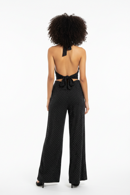 SIMONA JUMPSUIT - TUTA TESSUTO BIELASTICO CON APPILCAZIONE DI BORCHIETTE EFFETTO STRASS