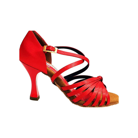 Scarpa da ballo Fabiana Wish Dance Shop in raso di seta rossa, tacco a rocchetto e fascette, ideale per danze eleganti.